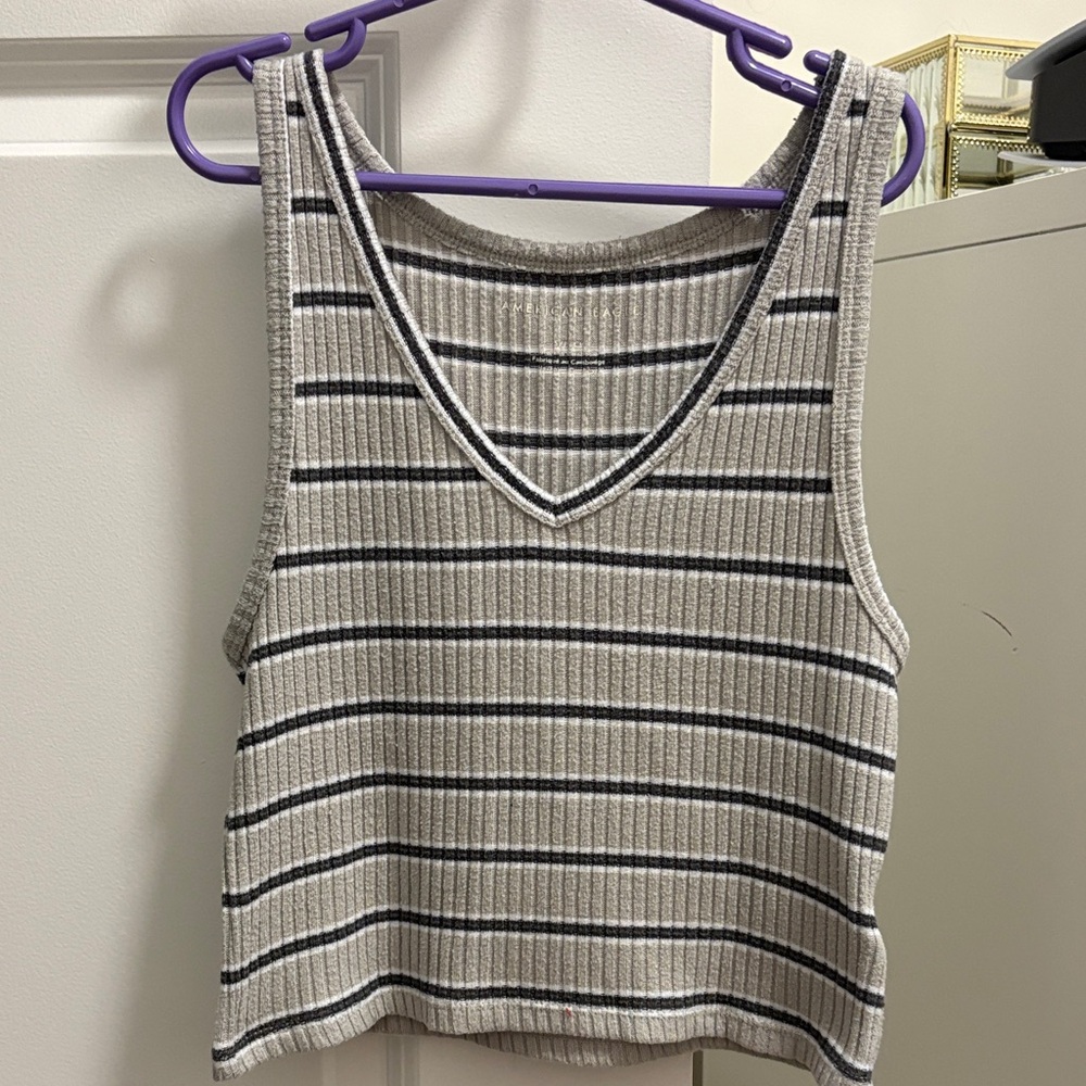 American Eagle Outfitters Ribbed V-Neck Tank Top - Cream with Black Stripes